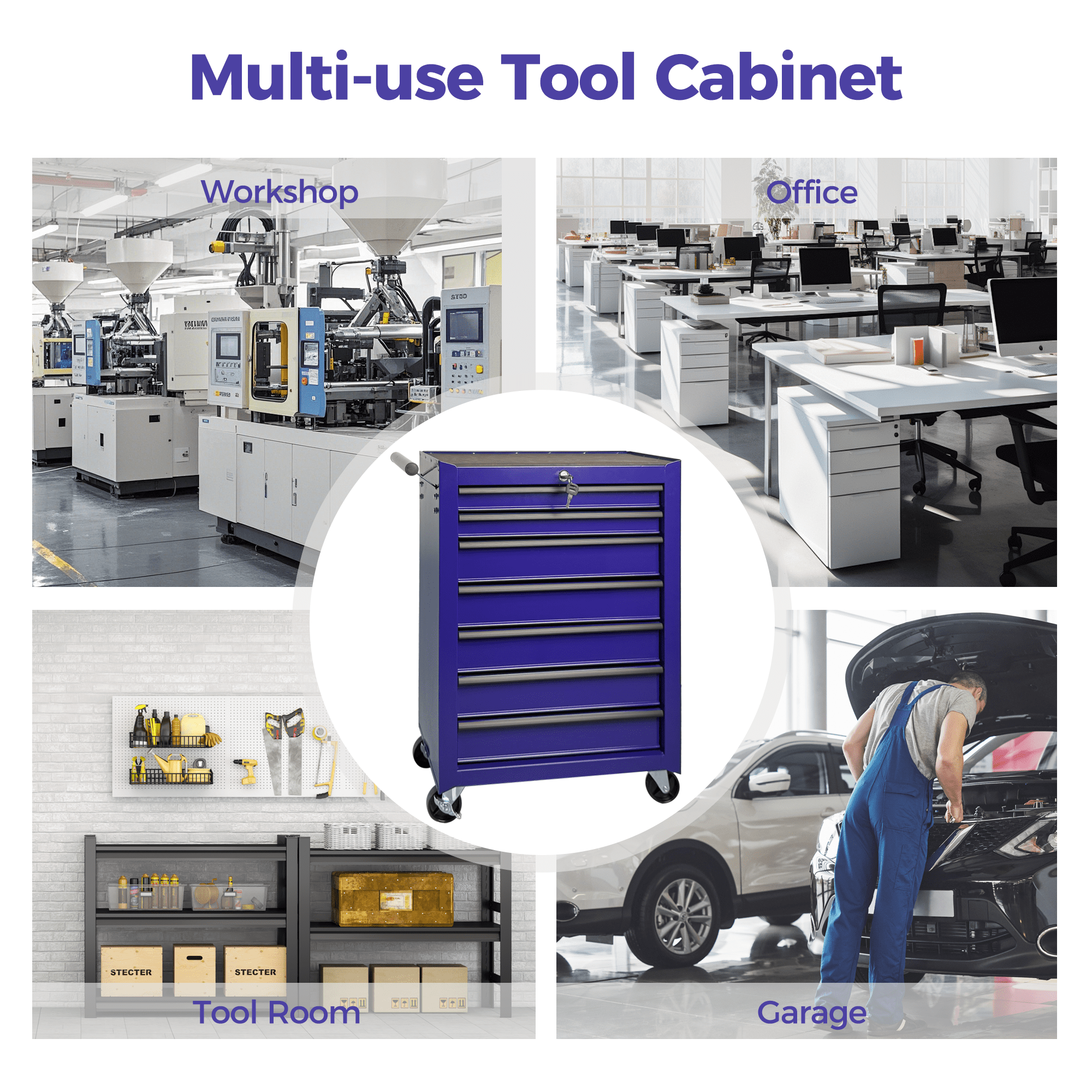 Rolling 20-Inch Metal Tool Chest with 7 Drawers and Ball Bearing Slides, Steel Tool Cabinet for Garage and Workshop, Purple