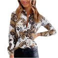 thumbnail image 1 of Women`s Spring Summer Casual Retro Individually Button Tape Printing Long Sleeve Polyester Blouse(Beige,XL), 1 of 5