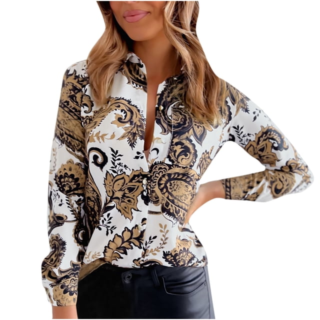 Women`s Spring Summer Casual Retro Individually Button Tape Printing Long Sleeve Polyester Blouse(Beige,XL)
