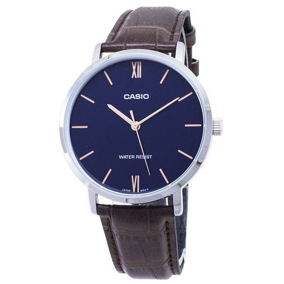 Casio Men’s Brown Leather Watch with Blue Dial – MTP-VT01L-2BUDF