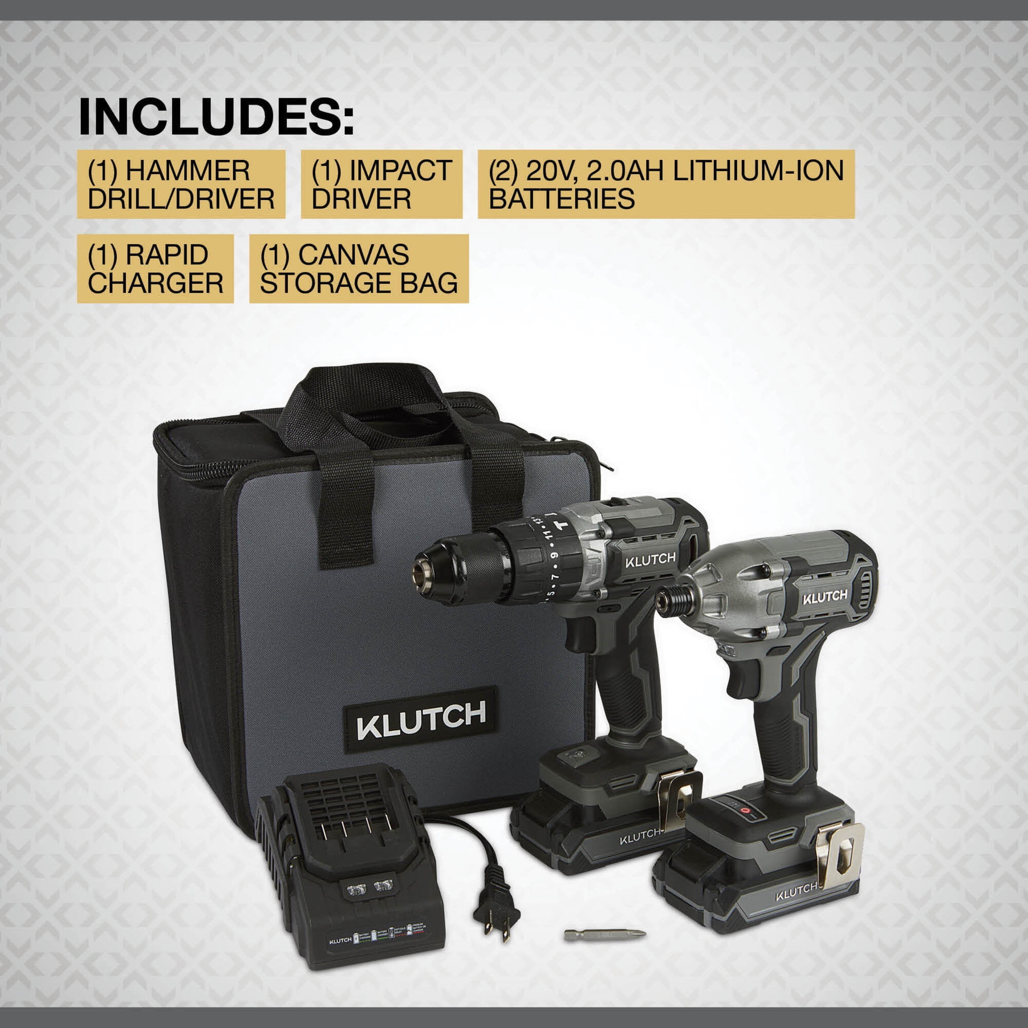 Klutch 1/2in. Hammer Drill/Driver and 1/4in. Impact Driver Kit, KLiQ 20V, Brushless, Cordless, 2.0Ah