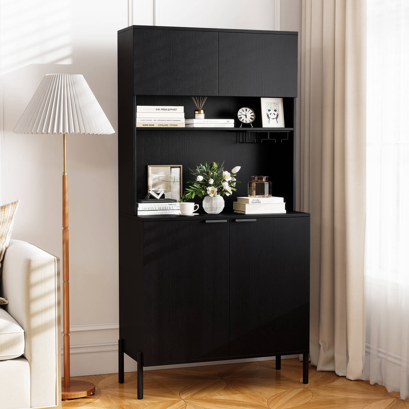 Costway 64.5” Kitchen Pantry Cabinet with Charging Station Wine Glass Rack Adjustable Shelf Black