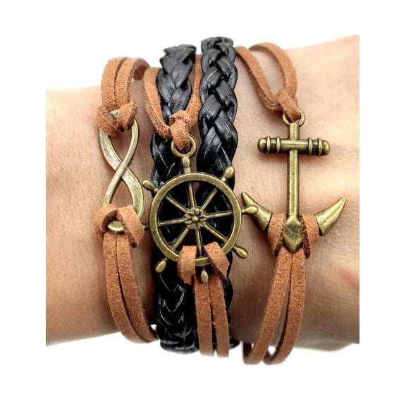Vintage Bronze Ship Wheel Anchor Infinity Charms Black Brown Braided Leather Rope Bracelet