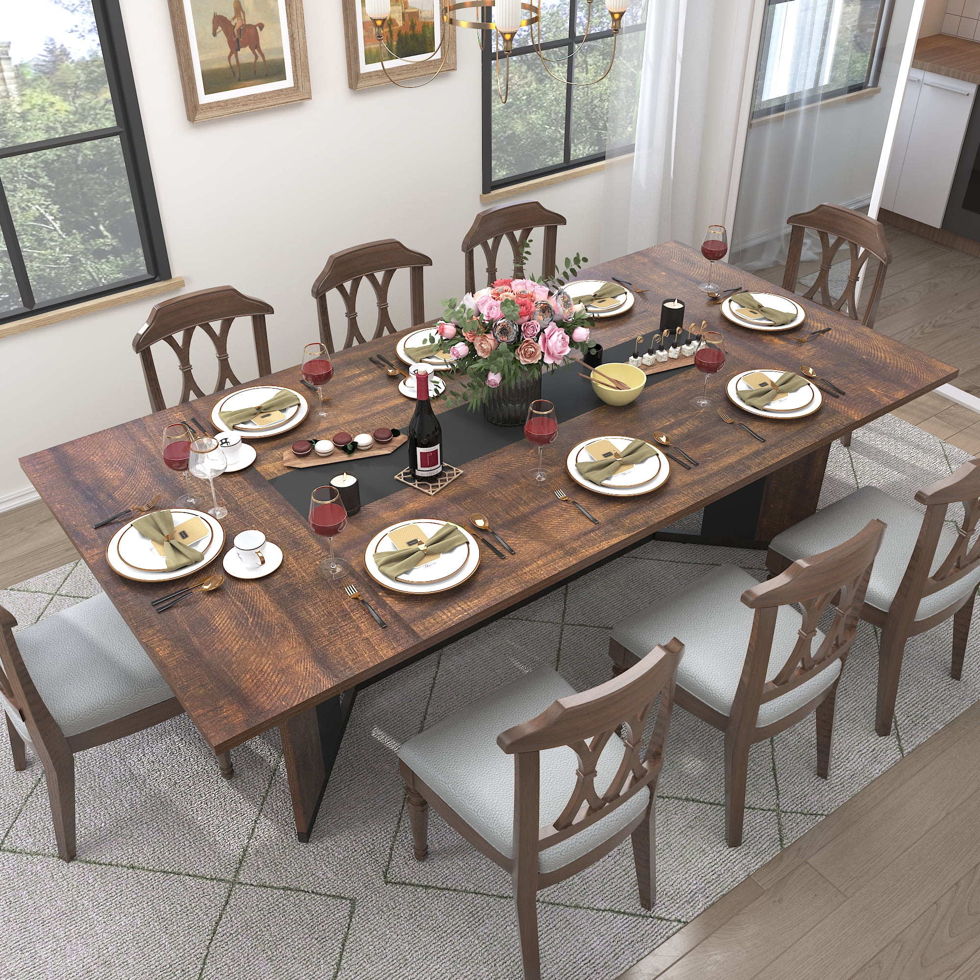 78 inch Large Rectangular Dining Table for 8-10 People, Dining Table with Marble-Color Wood Waterproof Tabletop and Adjustable Leg, 6.5ft Luxurious Family Dinner Table for Office Kitchen Living Room