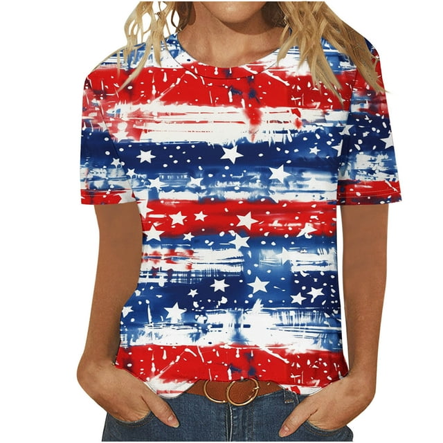 Pisexur Blouses pour Femmes Habillées Décontractées T-Shirt à Manches Courtes Col Rond Imprimé Jour de L'Indépendance pour Femmes, Hauts d'Été pour Femmes Multicolore,L