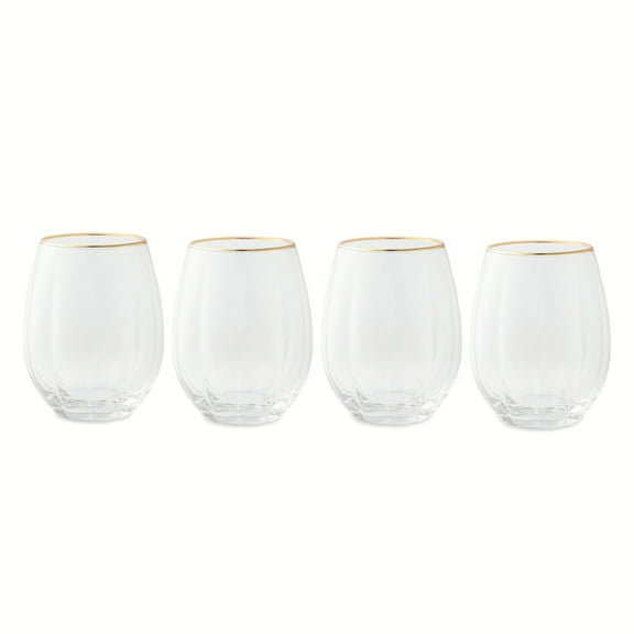 Thyme & Table Scalloped Stemless Wine Glasses with Gold Trim, Set of 4