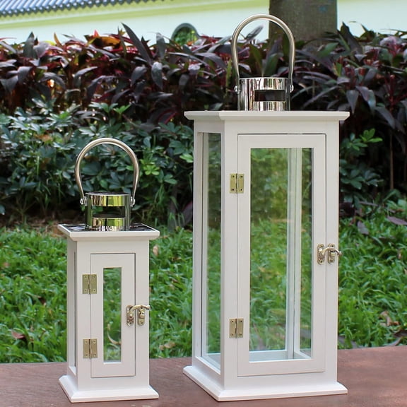 Decorative Elegant Wood Hurricane Candle Lantern with Stainless Top and Glass Inserts for Home  Outdoor Decor. White, Set of 2