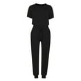 thumbnail image 4 of Jacenvly Summer 2024 New Fashion Women Summer Solid Button Casual Short Sleeve Top+ Pant Set Round Neck Comfortable Two Piece Outfits Women Plus Size Black, 4 of 6