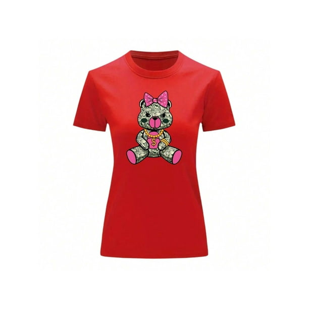 Playera Blusa De Osita Con Dolares Ropa De Mujer Juvenil Oso Dinero Color Rojo Talla Mediana Marca Emil SaEs