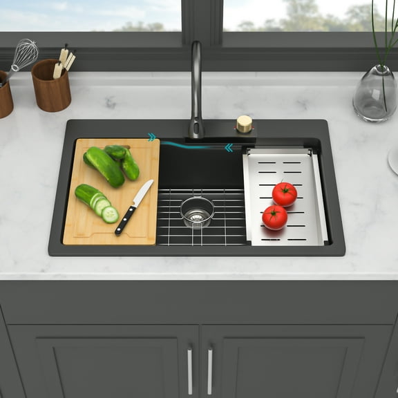 Drop In Waterfall Kitchen Sink - 33" x 22" x 10" Black Composite Granite Quartz Single Bowl Workstation kitchen sink with Pull-Out Faucet