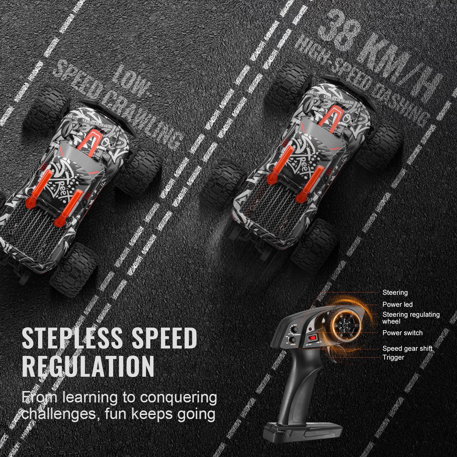 VEVOR Remote Control Car, 1:14 Scale RC Car for Kids, All Terrain 4WD Off-Road Monster Truck with 45° Wheelie & 2 Batteries, 38 km/h High Speed Hobby Racing Car - Ideal Gift for 8+ Years Kids