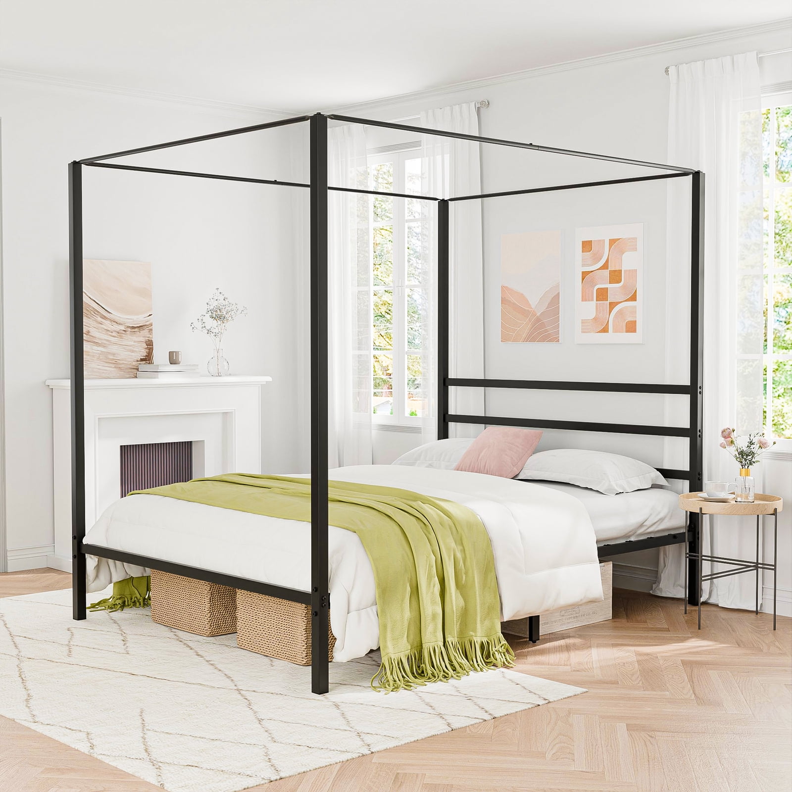 LINJH Queen Size Metal Canopy Bed Frame Black Headboard & Footboard for Bedroom Black