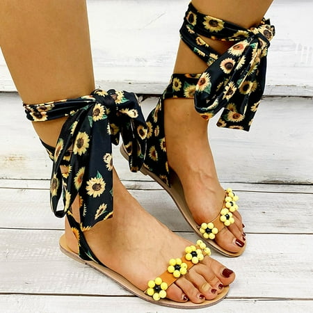 

BUIgtTklOP Sandals Women Retro Summer Women Flowers Open Toe Breathable Sandals Cross Strap Beach Shoes Yellow 43