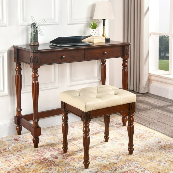 JESONVID Solid Wood Upholstered Vanity Bench, Small Vintage Ottoman Leather Tufted Foot Stool with Padded Cushion Seat Carved Footrest Rustic Legs for Bedroom Living Room (Beige)