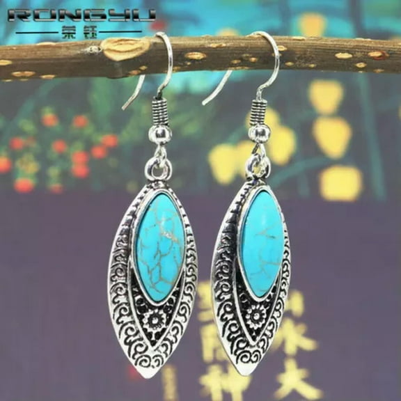 EOEMY Turquoise 925 Silver Vintage Ear Hook Earrings Women Wedding Dangle Drop Jewelry-#9