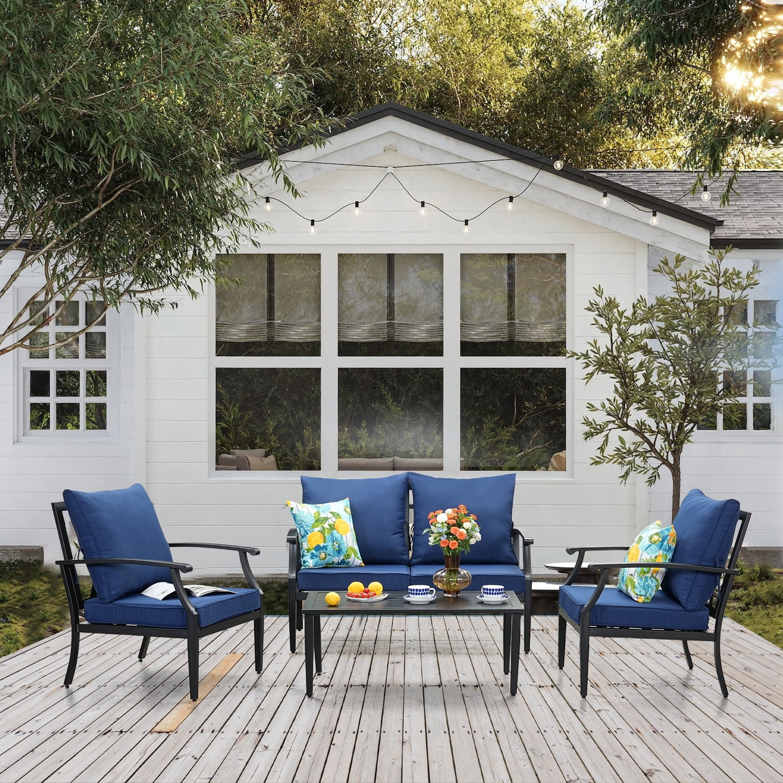 JOYURE 4 pieces Patio Furniture Set w/loveseat,Coffe Table,Outdoor Conversation Metal Sofa with High Back and Thick Cushion,for Backyard,Garden,Navy