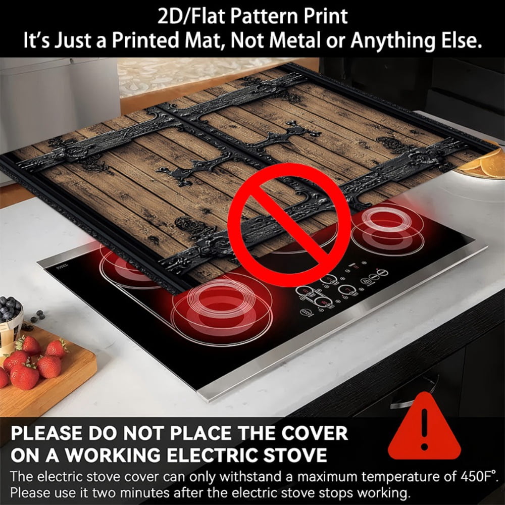 1 2D/flat stove cover protection pad, retro-style wooden ironwork decorative door pattern design, 28.3x20.5 inches (72×52cm), easy to clean, perfectly suitable for any kitchen, washing machine, dryer