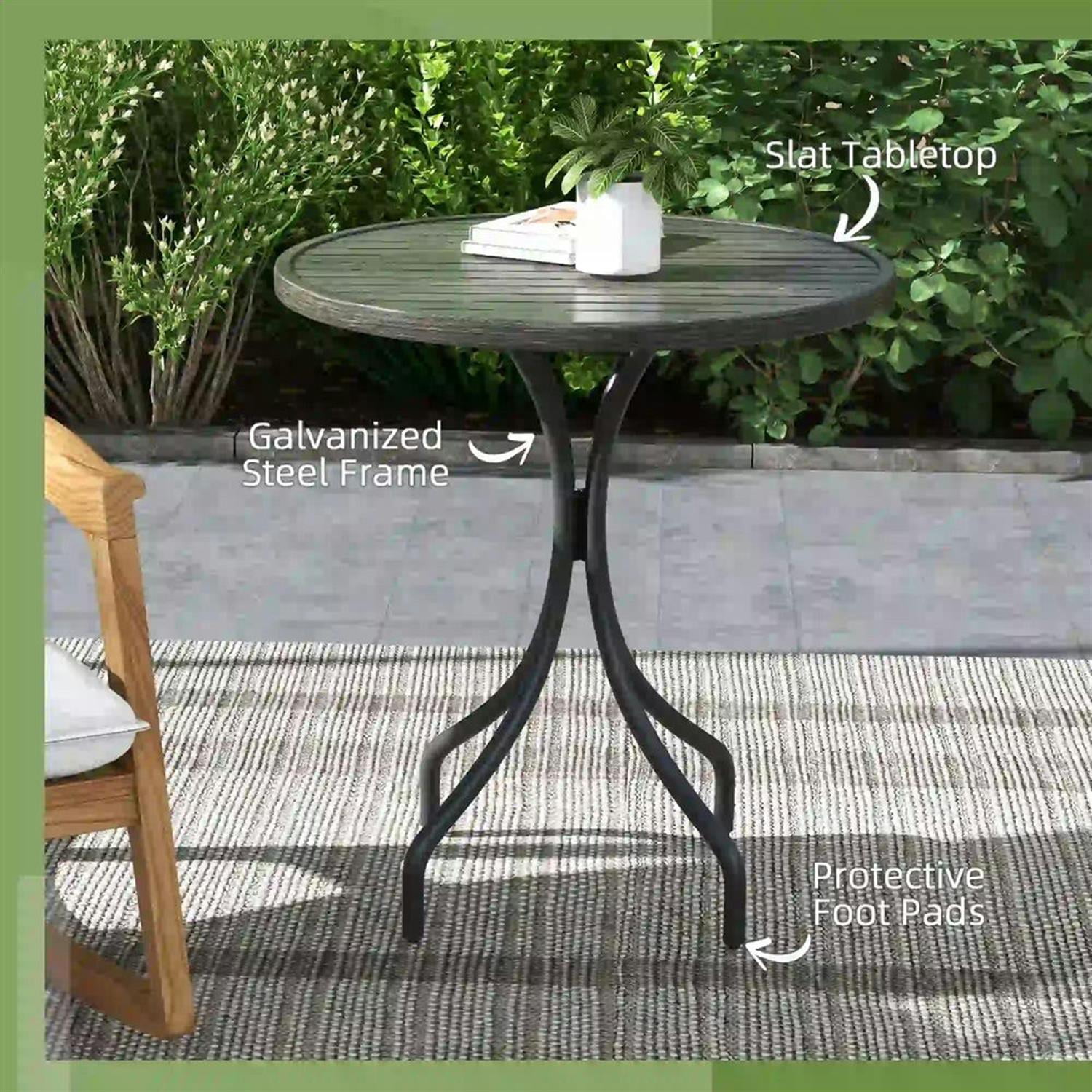 Demi Bonn 26" Round Outdoor Side Table, Steel Frame Slat Top, Garden Backyard for Outdoor Dining, Gray
