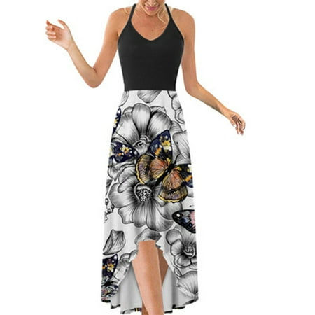 

amlbb Summer Dresses for Women Fashion Women Cold Shoulder Summer Casual Print Loose Sleeveless Vest Dress Summer Beach Dresses on Clearance