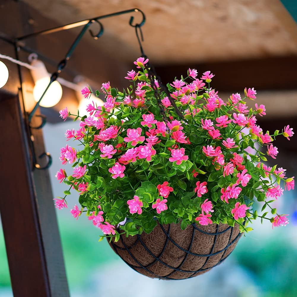 Viworld 12 Bundles Outdoor Artificial Flowers UV Resistant Fake Boxwood Plants, Faux Plastic Greenery for Indoor Outside Plants Garden Home Decor (Pink)