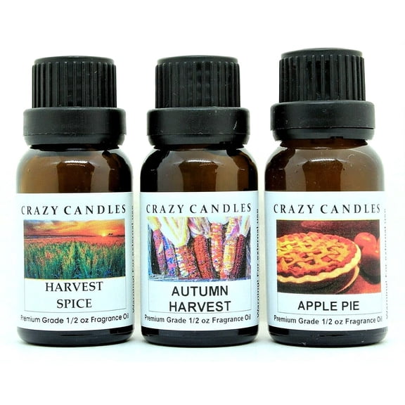 Crazy Candles 3 Bottles Set (Made in USA) 1 Harvest Spice, 1 Autumn Harvest, 1 Apple Pie 1/2 fl oz Each (15ml) Premium Grade Scented Fragrance Oils