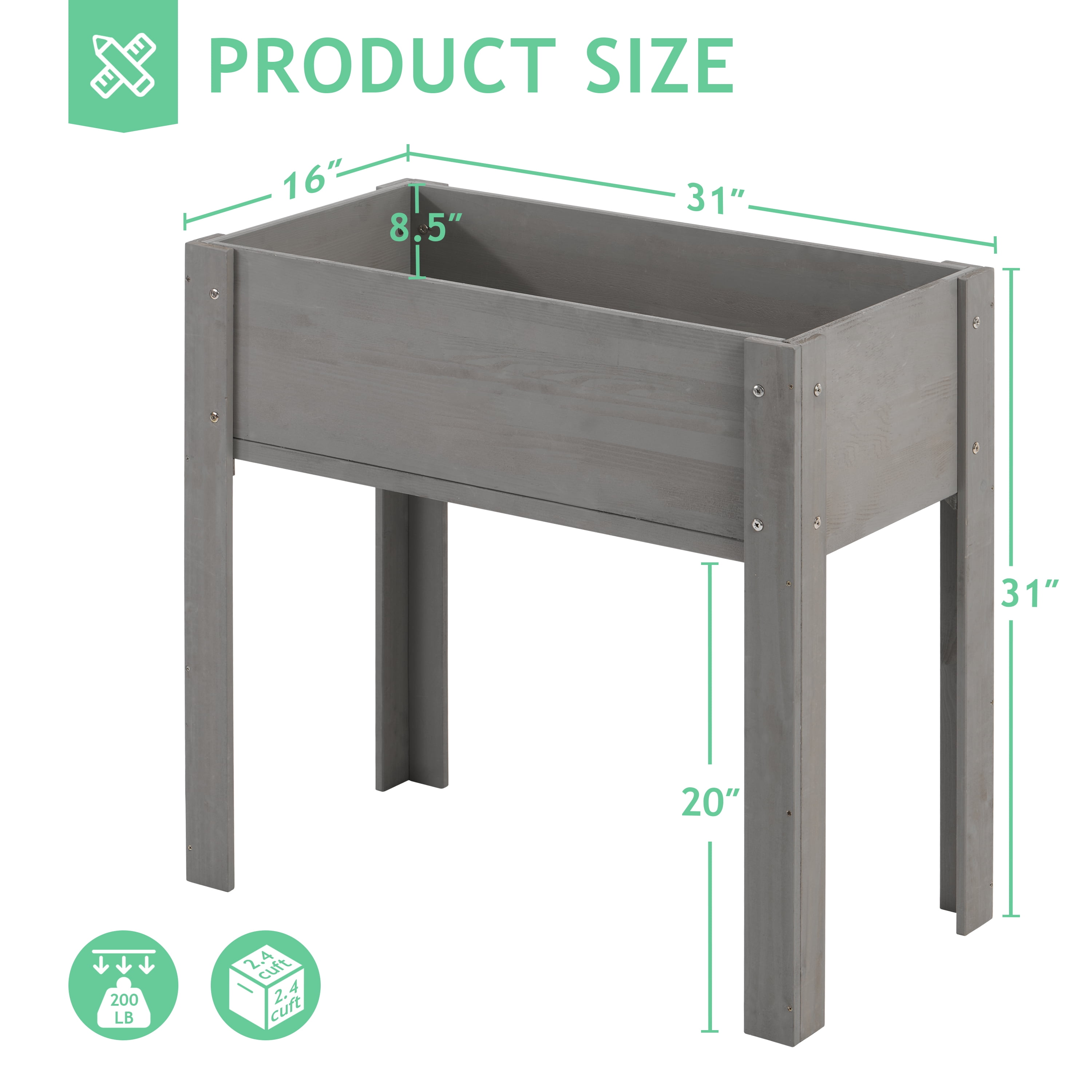 Raised Garden Bed with Legs, 31x16x31'', Outdoor Wood Elevated Planter Box, Grey Cedar, Thick Legs, w/Liner