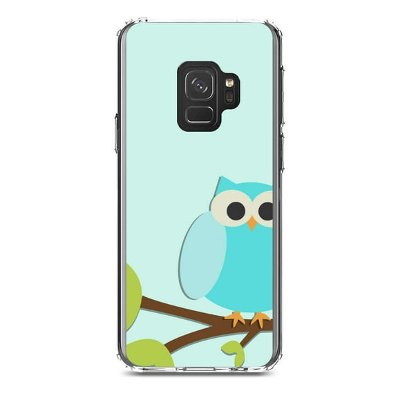 DistinctInk Clear Shockproof Hybrid Case for Samsung Galaxy S9 (5.8" Screen) - TPU Bumper, Acrylic Back, Tempered Glass Screen Protector - Blue Owl Cartoon - Cartoon Owls