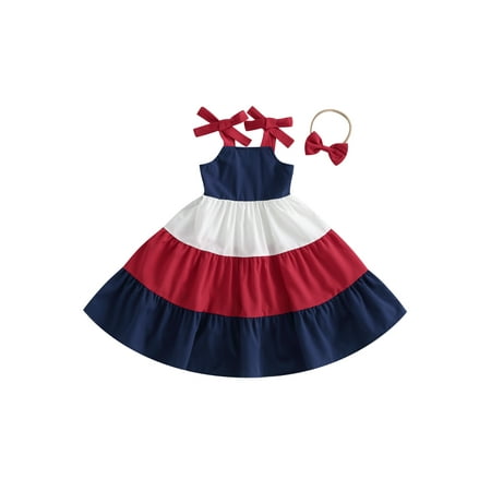 

Nituyy Kids Girls Princess Dress Contrast Color Tie-Up Shoulder Straps Sling Dress Pageant Party Dress with Headband