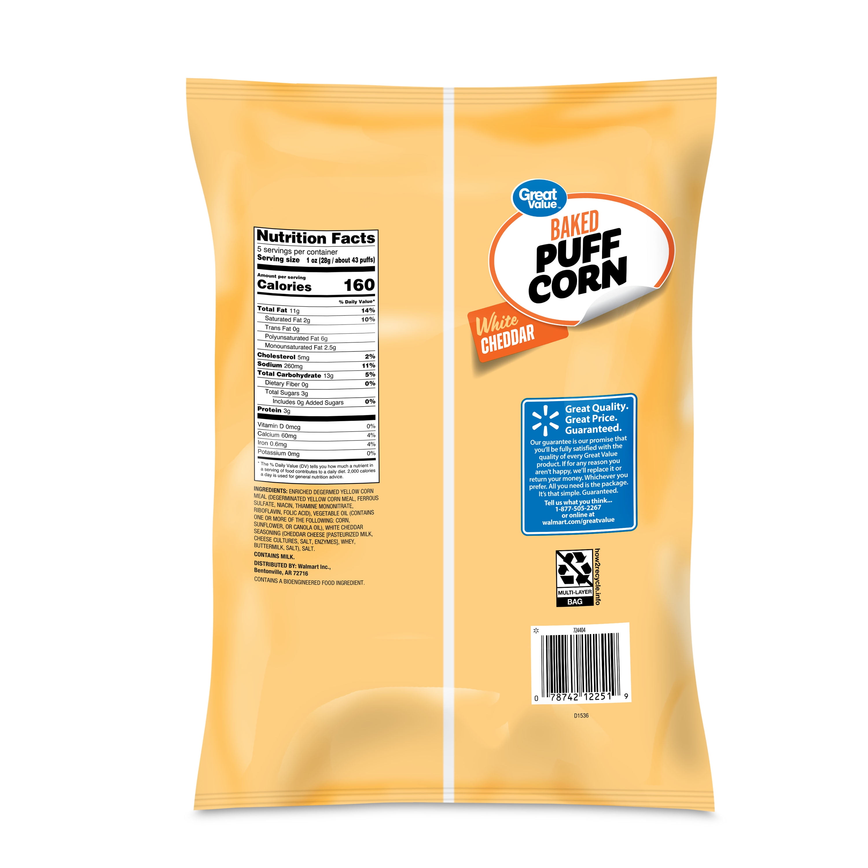 Great Value Baked White Cheddar Flavored Puff Corn, 5 oz