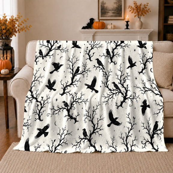 Black Ravens Among Bare Branches And Crescents, Soft Flannel Blanket with ornate dark Silhouette Pattern Print, Housewarming Gift and Home Decor for Bedroom and Living Room
