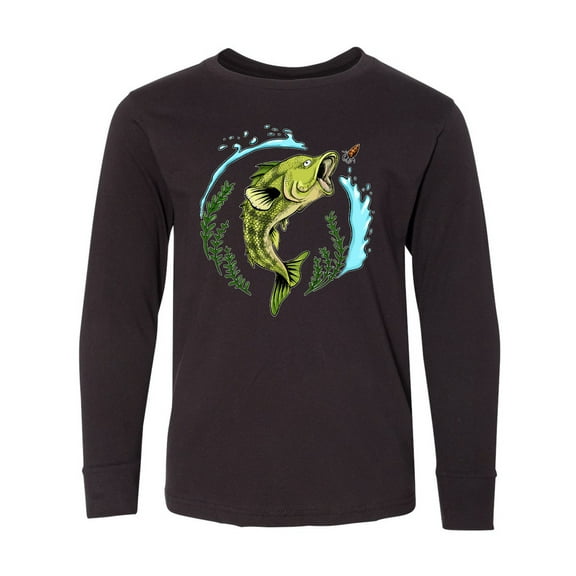 Inktastic Leaping Bass Fish Fishing Illustration Long Sleeve Youth T-Shirt