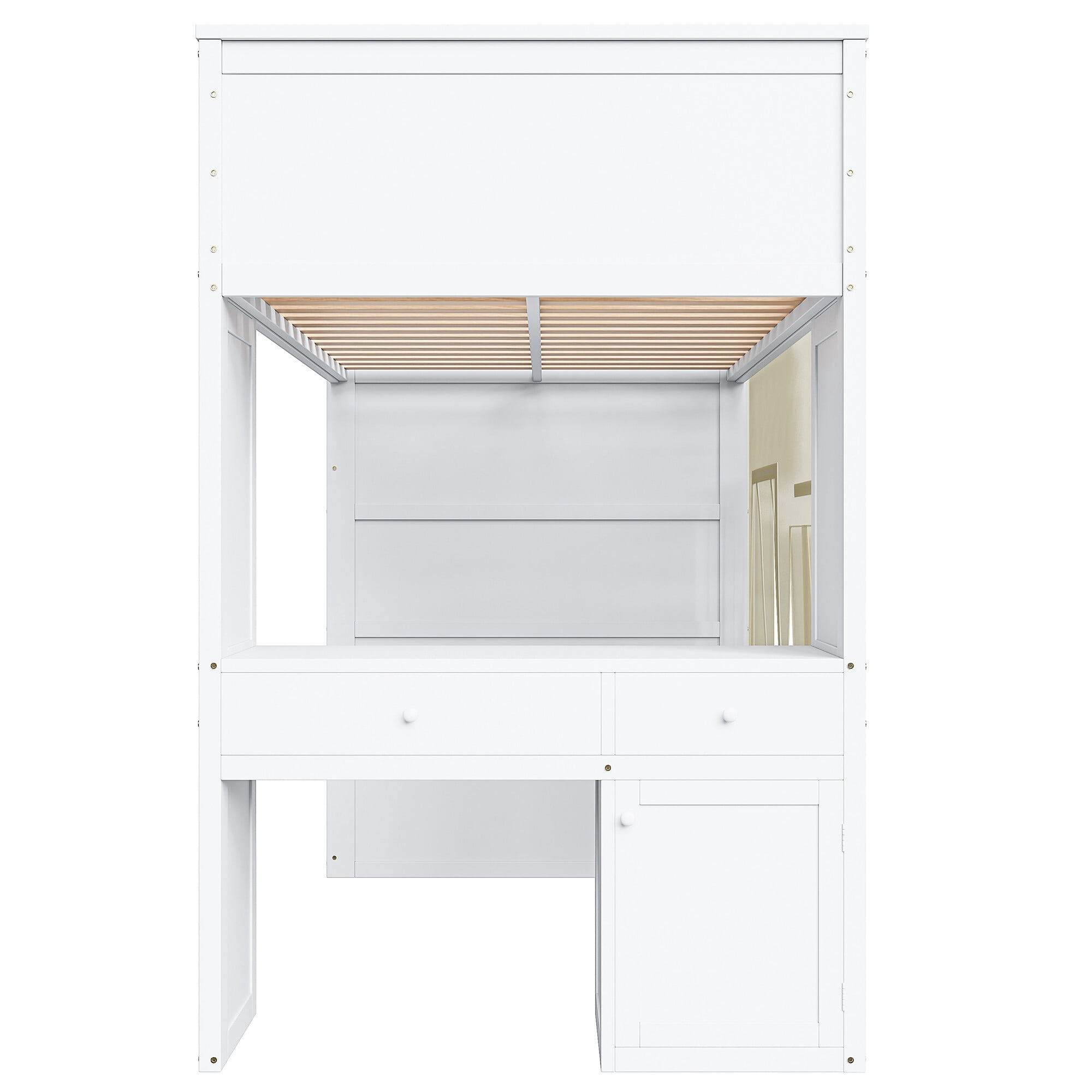 Euroco Wood Twin Size Loft Bed with Desk and Drawers, Storage Bed with Shelves and Curtain, White