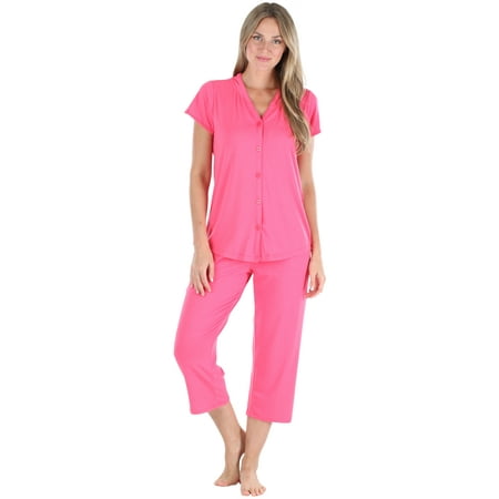 

PajamaMania Women s Stretchy Knit Button Up Top and Capri Pajama Set