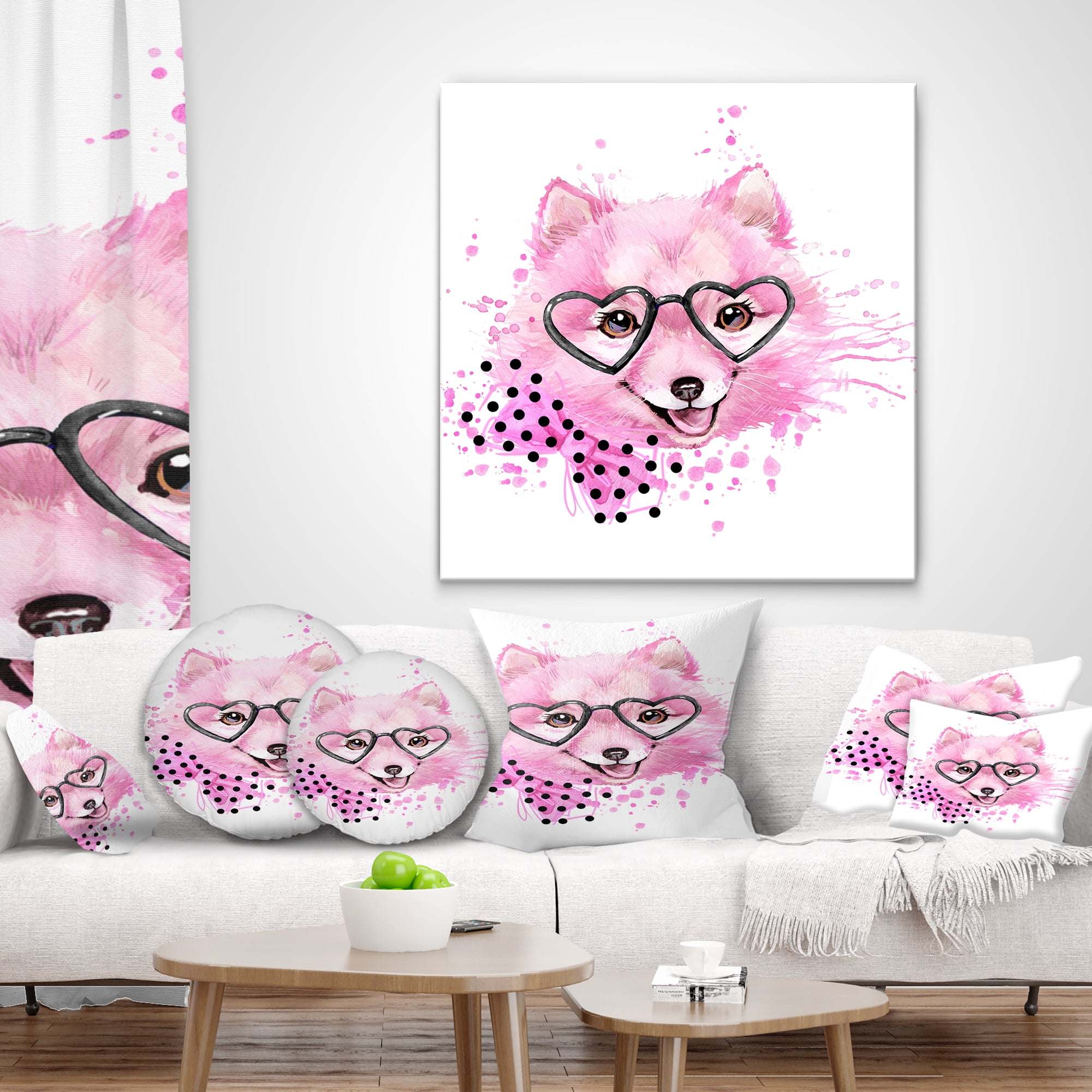 Designart Pink Dog with Heart Glasses - Contemporary Animal Throw Pillow - 12x20
