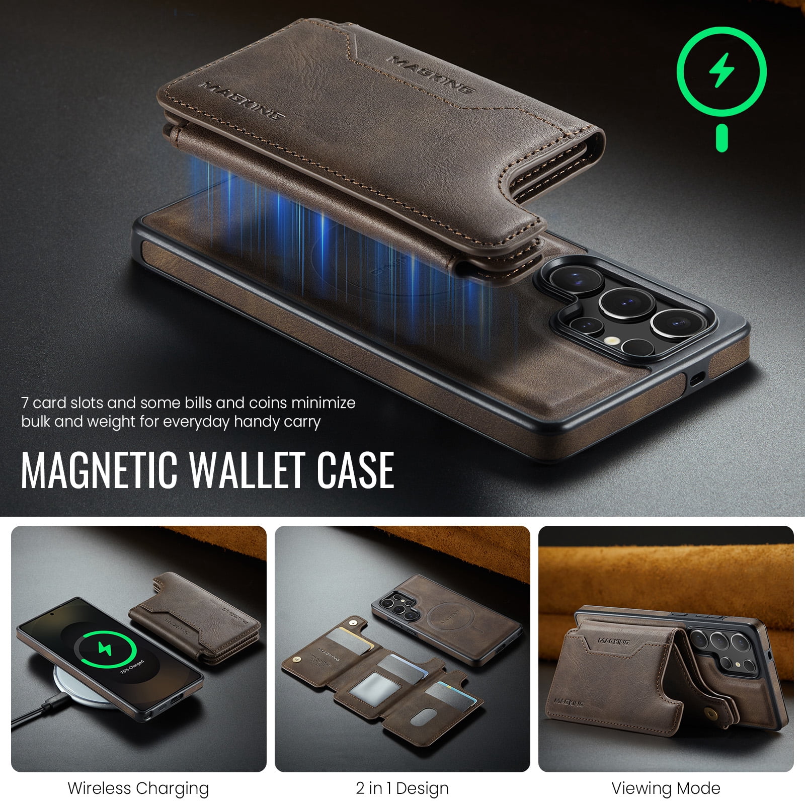 Designed for Samsung Galaxy S24 Ultra Wallet Phone Case,Magnetic Detachable Flip Card Holder,Back Flip Kickstand,Compatible with Mag-Safe,2-in-1 PU Leather Heavy Duty Shockproof Phone Case,Coffee