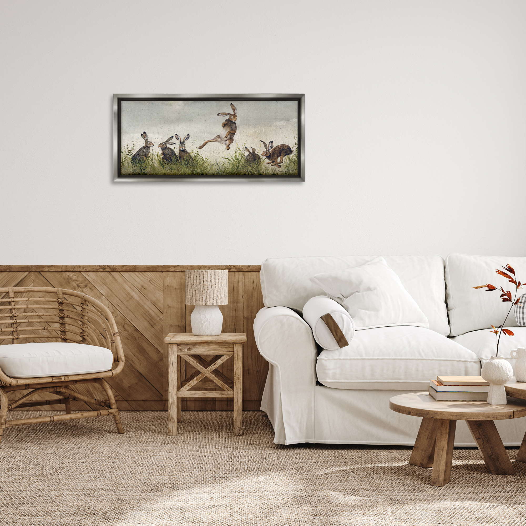Stupell Industries Jumping Hares in Wild Animals & Insects Painting Gray Floater Framed Canvas Art Print Wall Art, 31 x 14