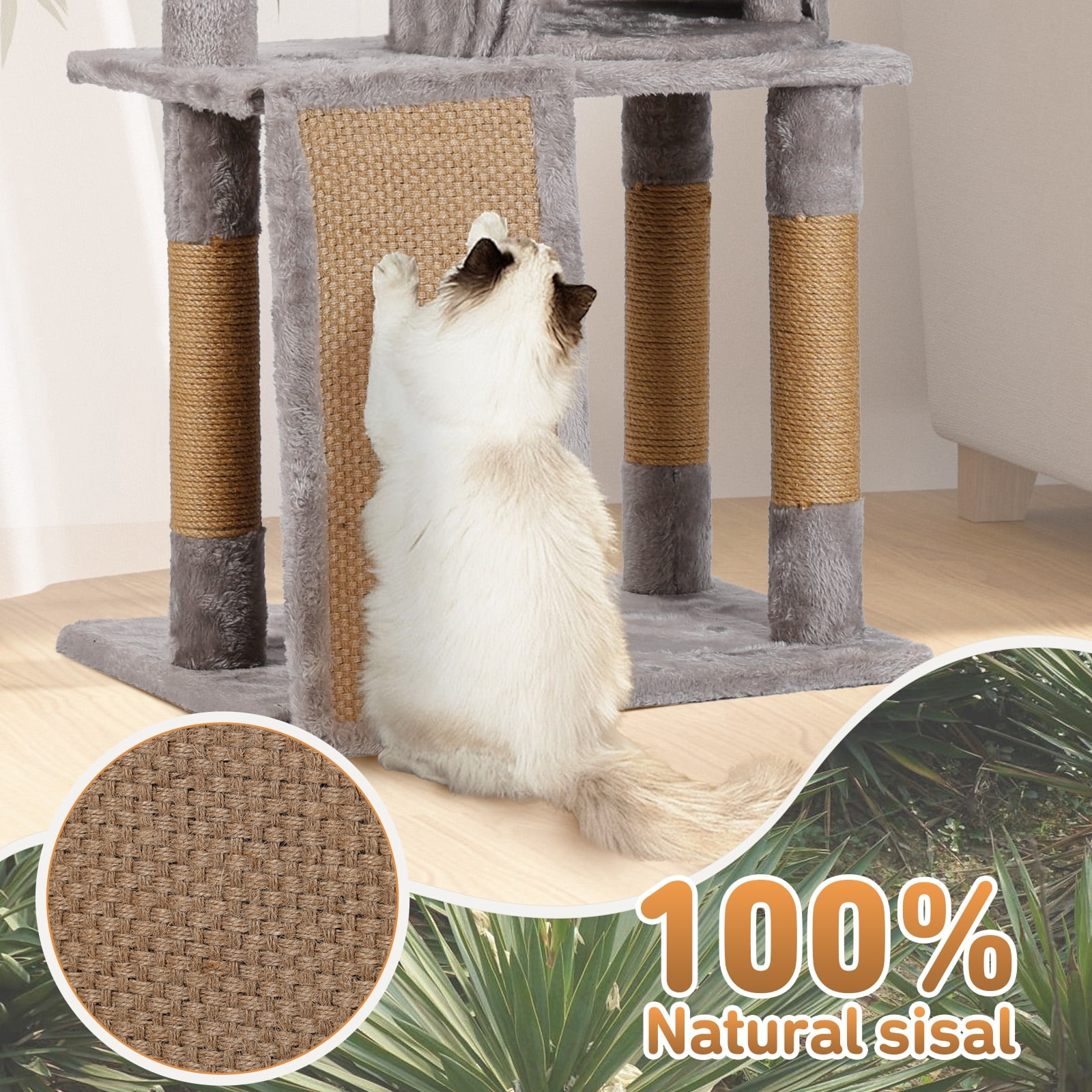 ZephyPaws 46in Cat Tree for Indoor Cats,Cat Tower with Scratching Post,Ramp,Perch,Cat Condo for Kittens,Elderly Cats,Light Gray