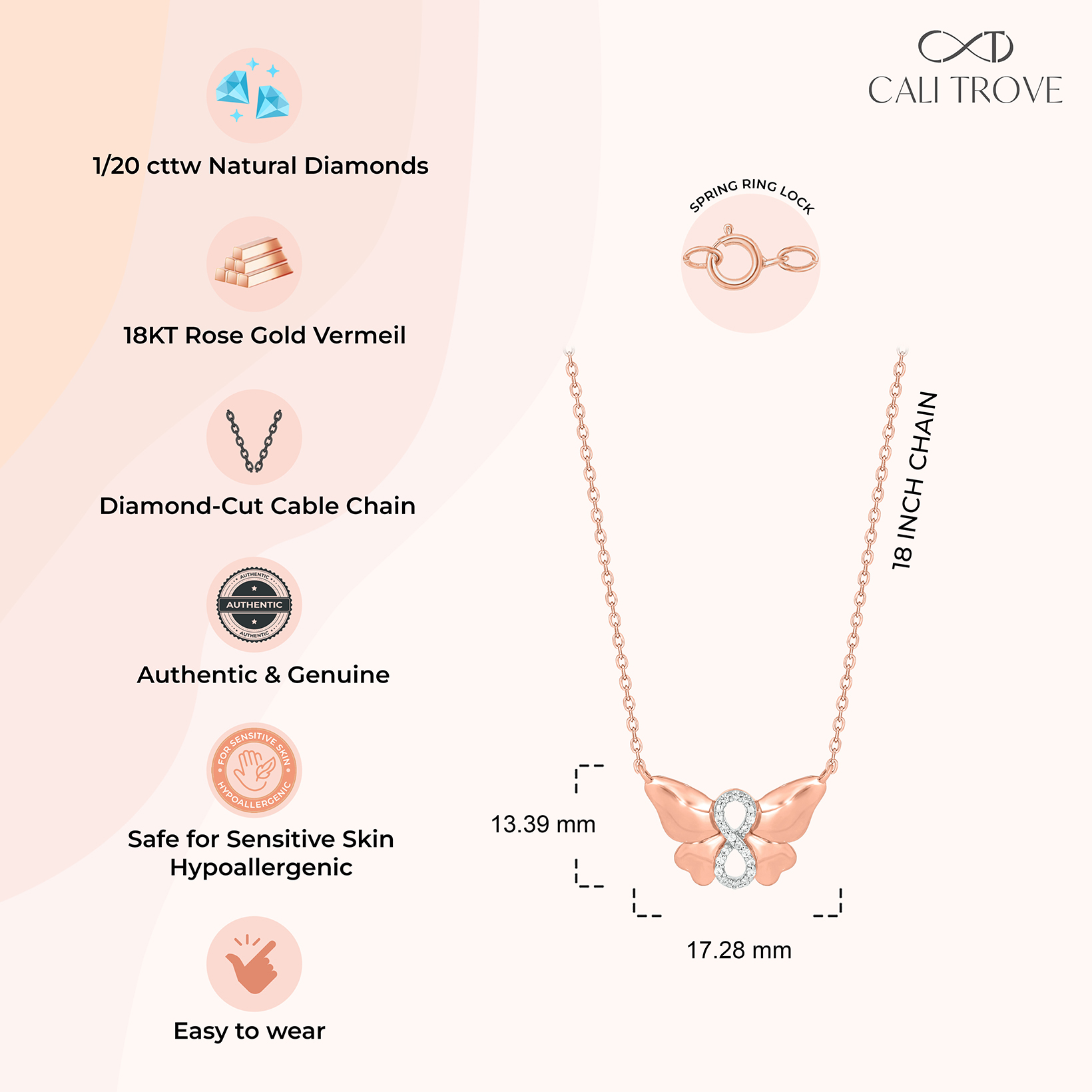 Cali Trove 1/20 Ct Diamond Butterfly Infinity Pendant Necklace | 14Kt Rose Gold Vermeil Plating over 925 Sterling Silver | Necklace for Her