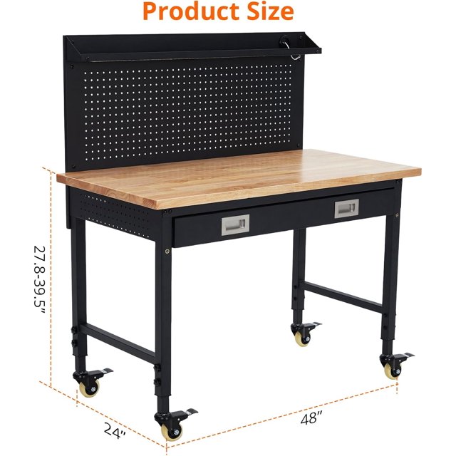 Cherish Établi de Garage Réglable 48 Pouces x 24 Pouces – Robuste avec Capacité de 2000 LB, Roulettes, Prises USB et AC