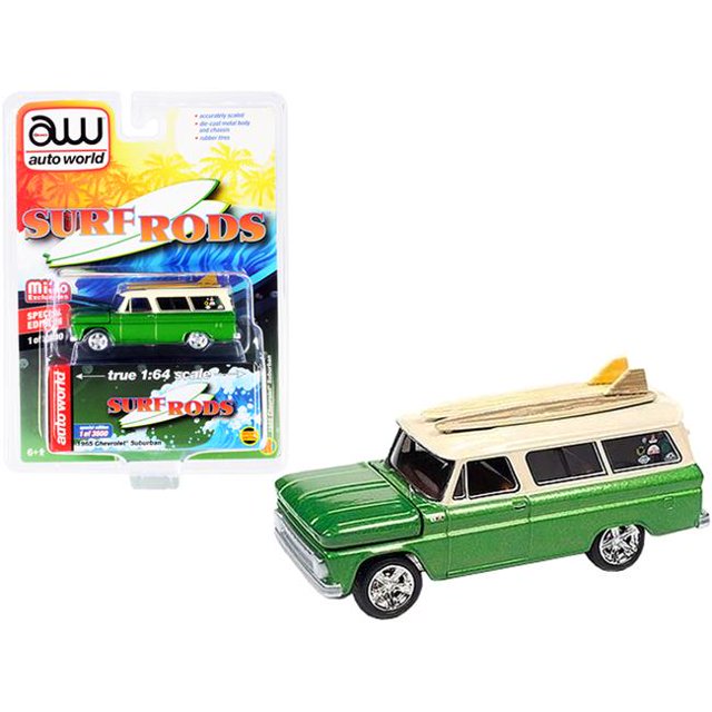 Autoworld CP7831 3 in. 1-64 Scale 1965 Chevrolet Suburban Limited Edition Worldwide Diecast Model Car with Two Surfboards Surf Rods, Metallic Green & Cream - 3600 Piece