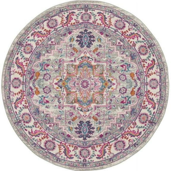 4 ft. Round Floral Power Loom Area Rug, Gray & Ivory