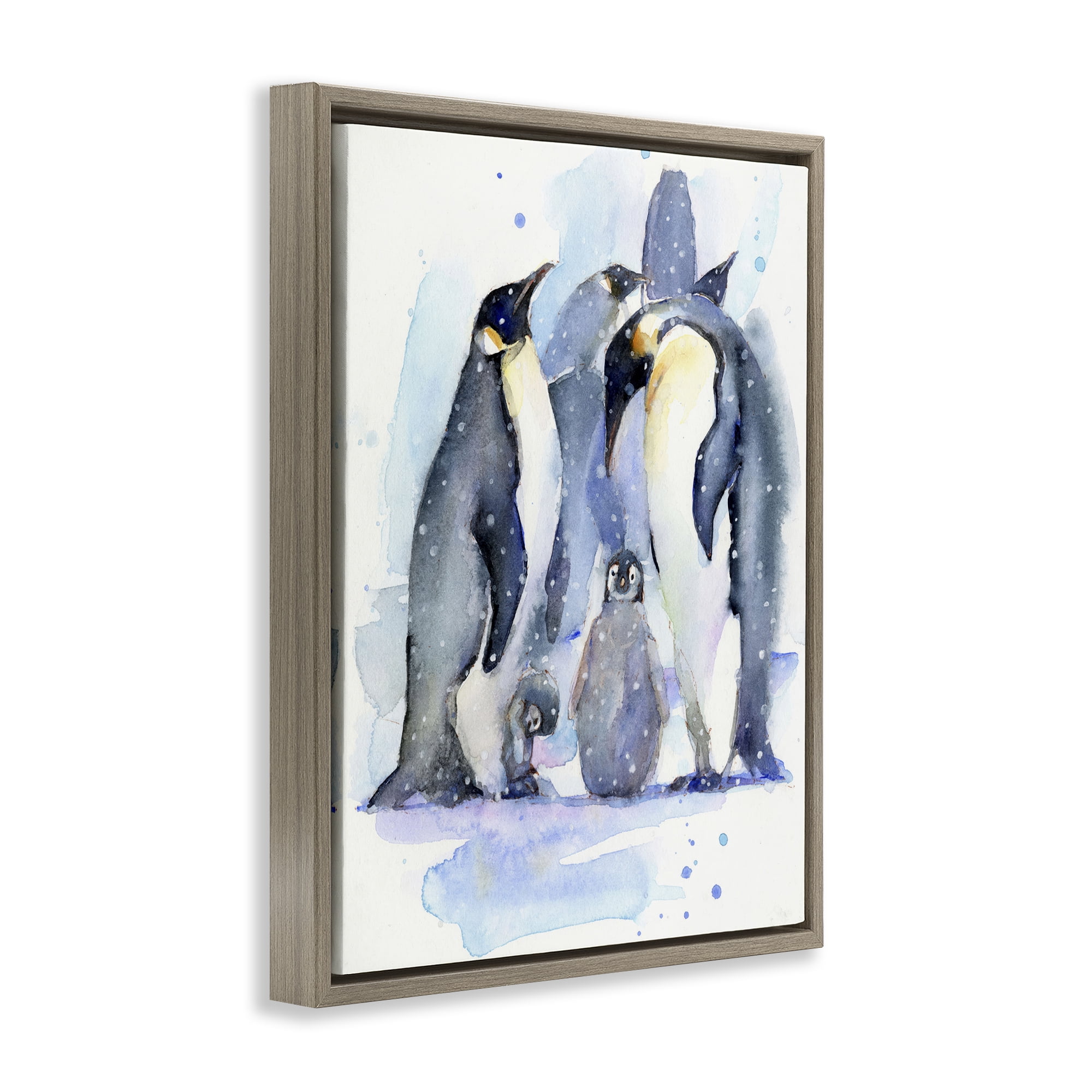 Stupell Industries Penguin Family Watercolor Animals Painting Brown Floater Framed Canvas Art Print Wall Art, 17 x 21