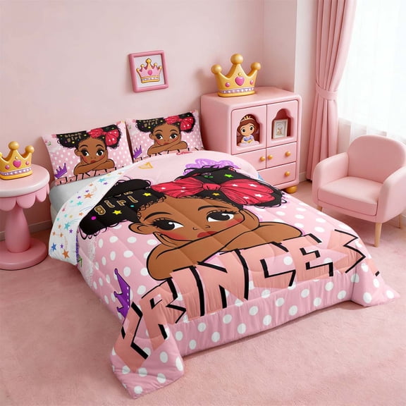 Kawaii Princess Comforter Set Full Black Magical Full Bedding, Lovely Polka Dots Bedding Comforter Sets Cute Melanin Duvet Set, American African Woman Quilted Comforter