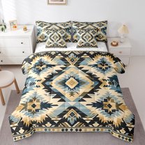 Manfei Western Tribal 7 Pieces Bedding Comforter Set,Rustic Aztec Full Bedding Set,Beige Blue Black Fitted Sheet Flat Sheet For Girls Boys,Microfiber Bedroom Decor Reversible