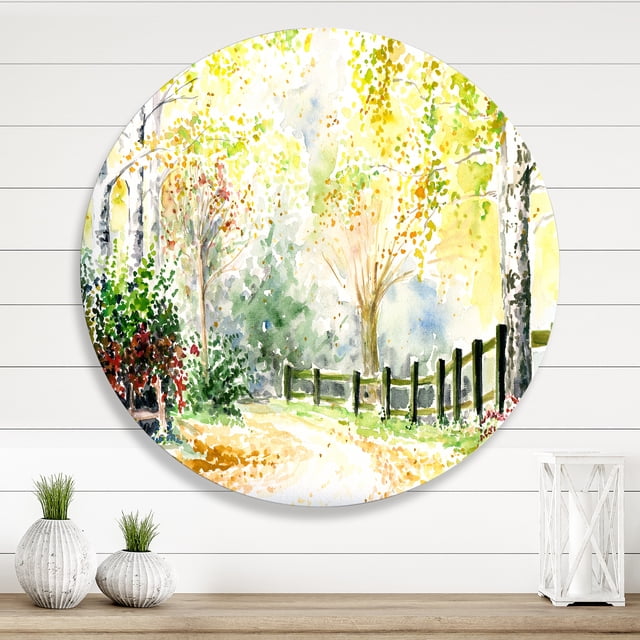 Designart - Autumn Countryside Landscape In The Afternoon - Traditional Metal Circle Wall Art