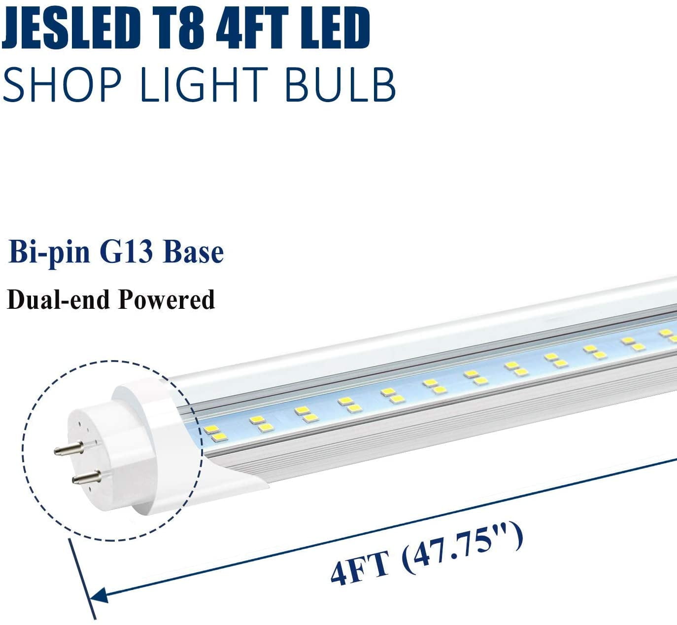 JESLED T8 LED Tube Light, 4FT, 24W 3000LM, 6000K-6500K White, 4 Foot ...