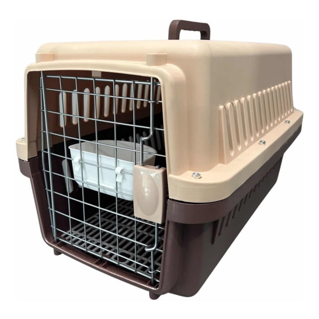 transportadora kennel para perros y gatos 64 x 46 x 44 marron grande giropet plastic kennels — transportador grande color cedro y marrón con puerta frontal de rejilla metálica y comedero interno; tapa con ranuras de ventilación, asa integrada y cierres de clip; base en PP+ABS y estructura de hierro, 64 x 46 x 44 cm, para mascotas medianas hasta 10 kg; también útil para traslados al veterinario.