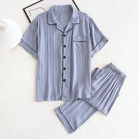 

Fiudx Men Casual Solid Button Cardigan Turndown Short Sleeve Loungewear Pajama Pants Set 529