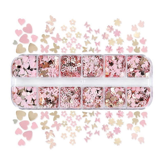 Lentejuelas con purpurina para uñas con diseño de flores, 12 cuadrículas, doradas, rosas, holográficas, con diseño de flor de cerezo