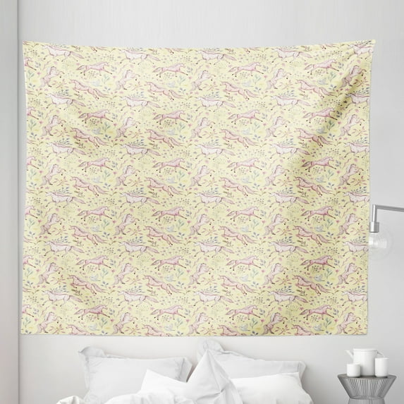 Abstract Tapestry, Watercolor Unicorns Pattern with Pale Tones on Pastel Flower and Stars Background, Fabric Wall Hanging Decor for Bedroom Living Room Dorm, 5 Sizes, Multicolor, by Ambesonne